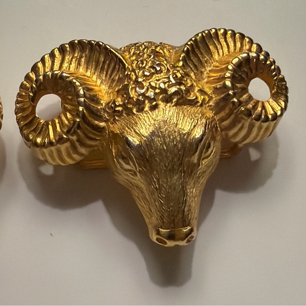 Vintage Signed Paquette Double Belt Buckle Sheep/Ram Horns Goldtone Interlocking - Picture 7 of 8